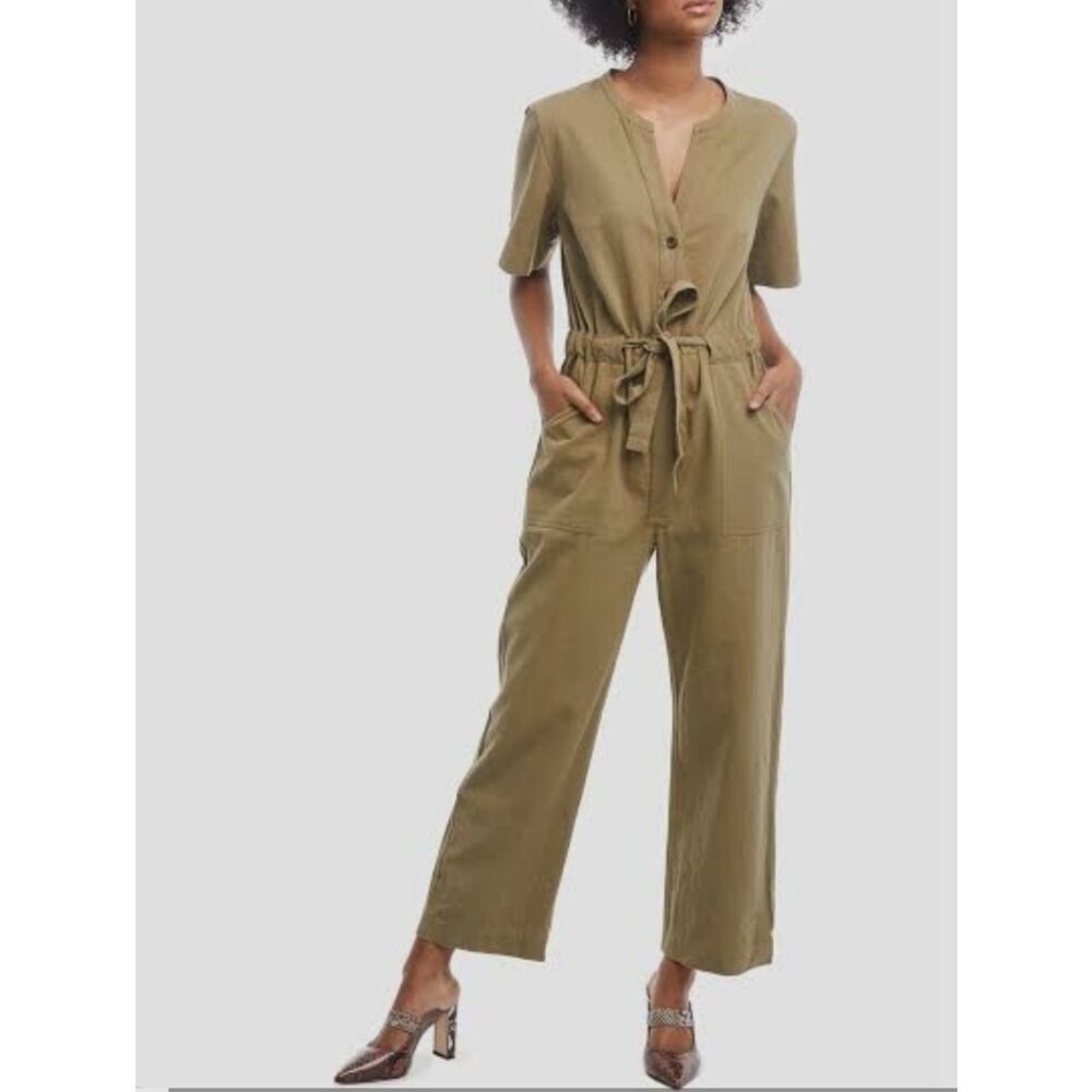 ABLE Shirley Utility Jumpsuit Linen Blend Short Sleeve Olive Khaki Green Size S